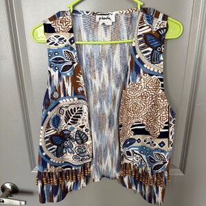 Vintage Jo Hardin Mixed Print Wood Bead Fringe Vest Boho 70s M/L